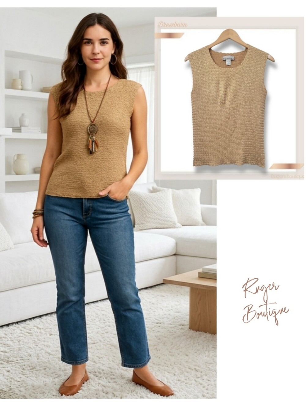 🌿Dressbarn Women's Large Gold Crinkle Sleeveless Top-Fab!!! 🌞
